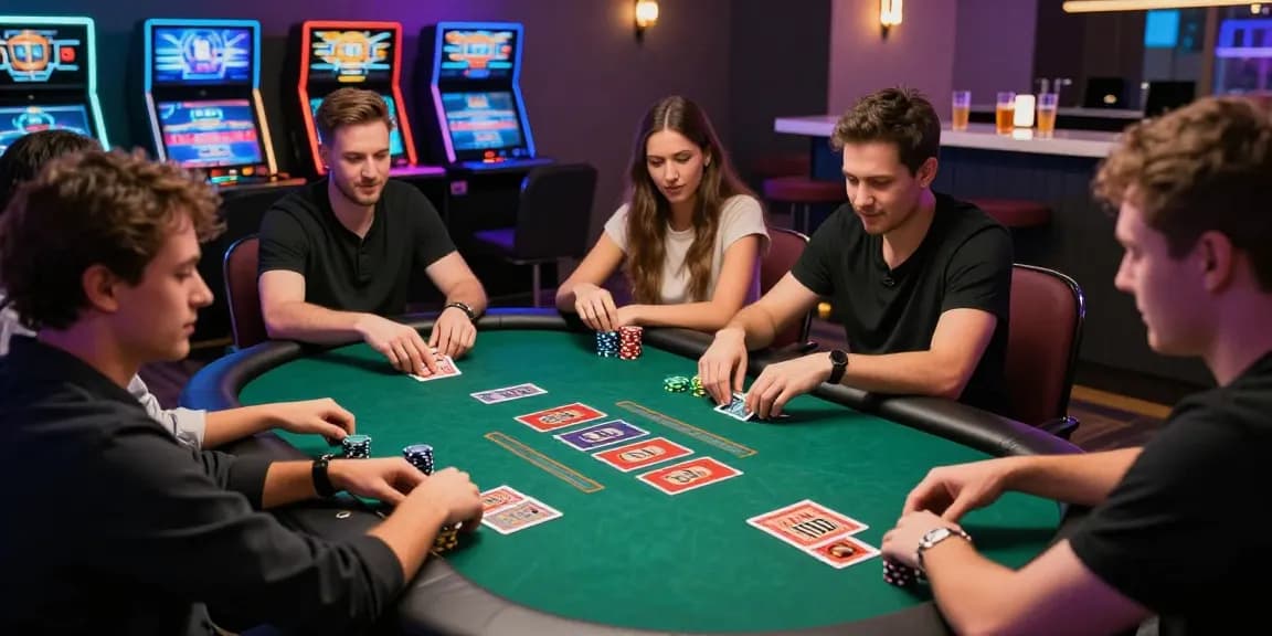 Experience community and excitement at being-there.org.uk with friends enjoying a lively card game in a modern casino setting.