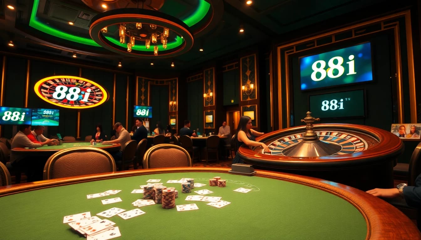 Players engaging in a thrilling poker game at an 88i casino table, chips and cards in action.
