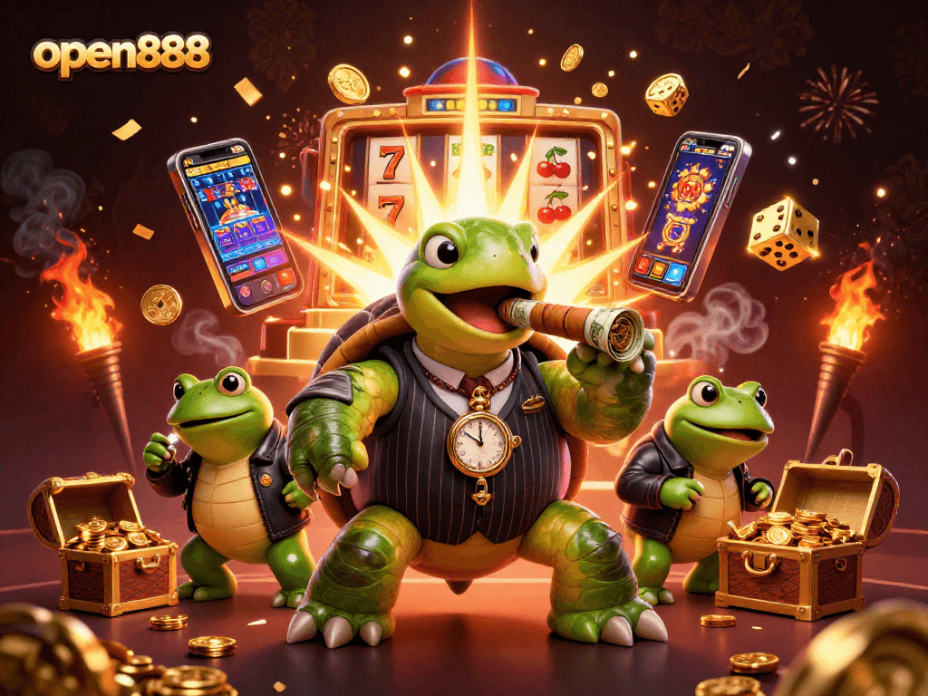 Win big with open888 as a snapping turtle mobster and frog enforcers light up the casino!