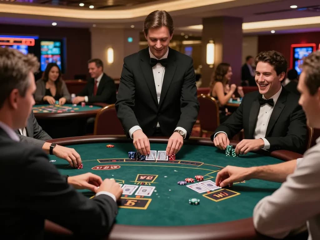 Players engaging in strategic bets at a blackjack table within a vibrant casino atmosphere featuring UGDEWA.