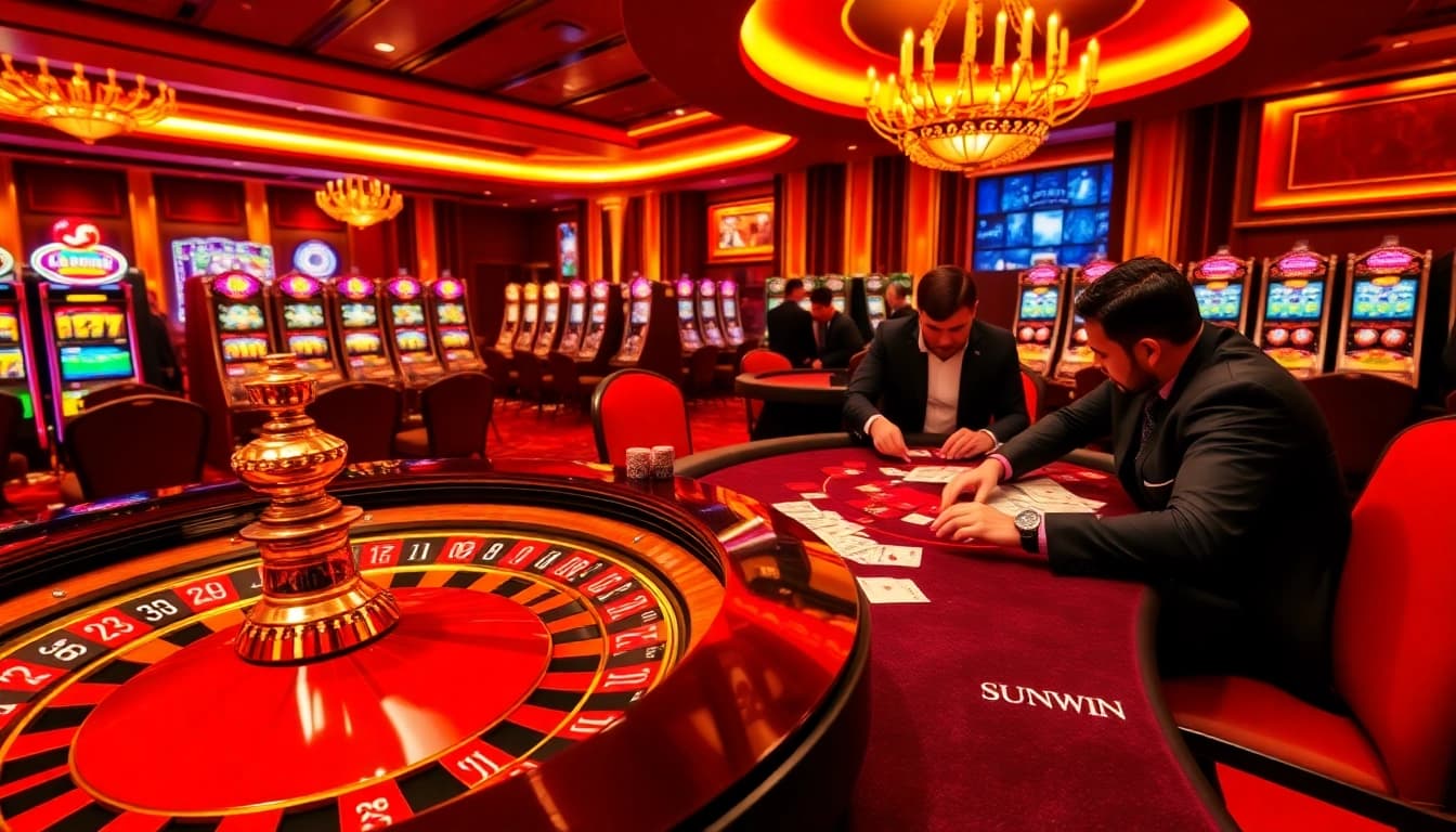Experience thrilling gameplay at Sunwin's luxurious casino, featuring roulette, poker tables, and vibrant slot machines.