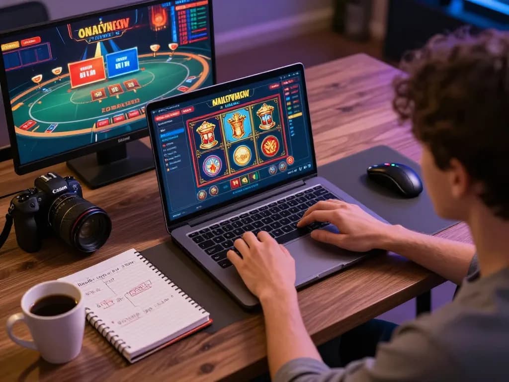 Win88 player enjoying online gaming with vibrant slots interface and strategic notes.