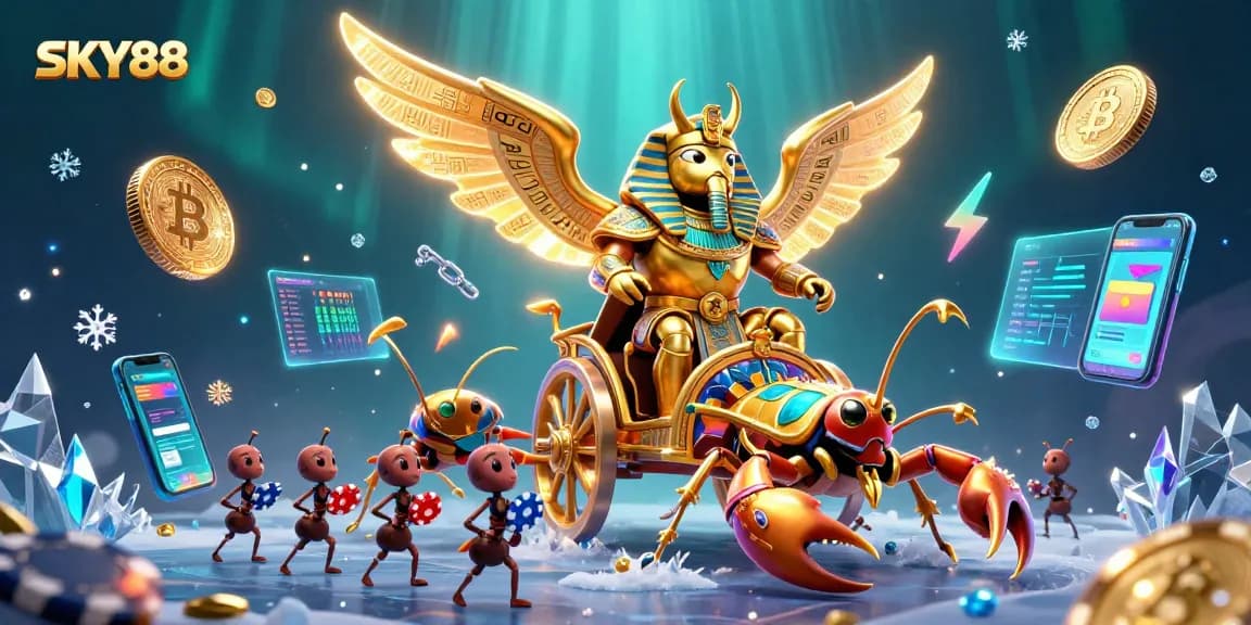 Sky88 showcases an exciting 3D casino scene with poker chips, golden scarabs, and glowing crypto coins.