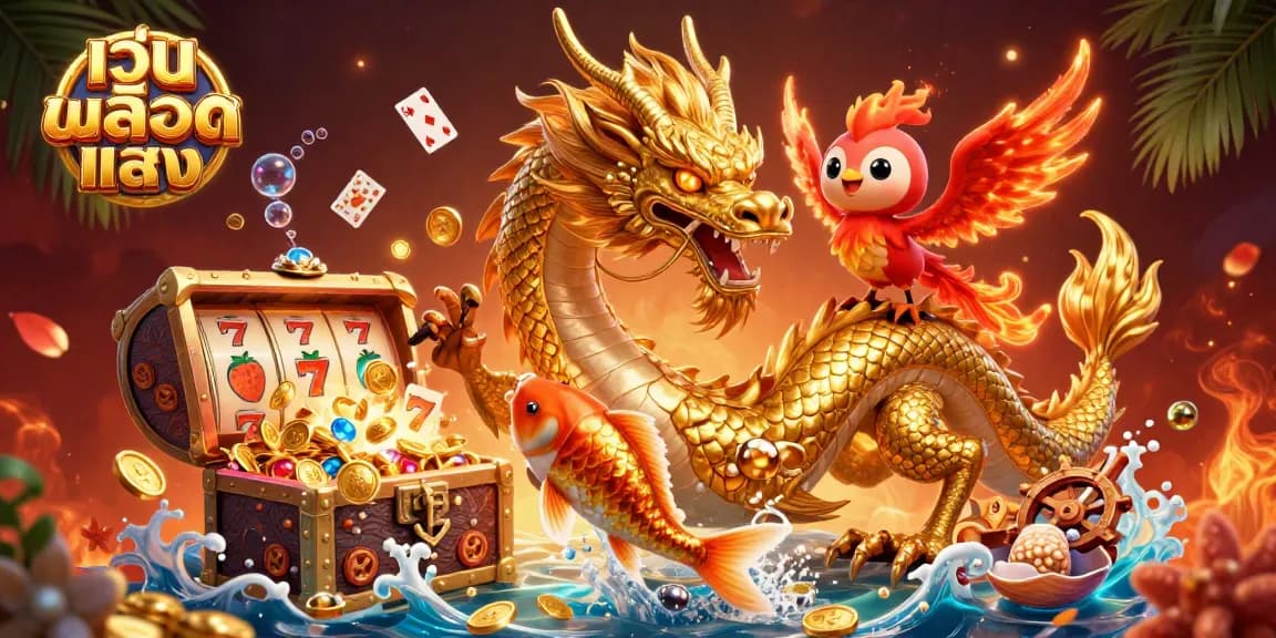 Experience the excitement of เว็บสล็อตตรง with a fierce dragon, phoenix, and koi fish amidst dynamic slot game visuals.