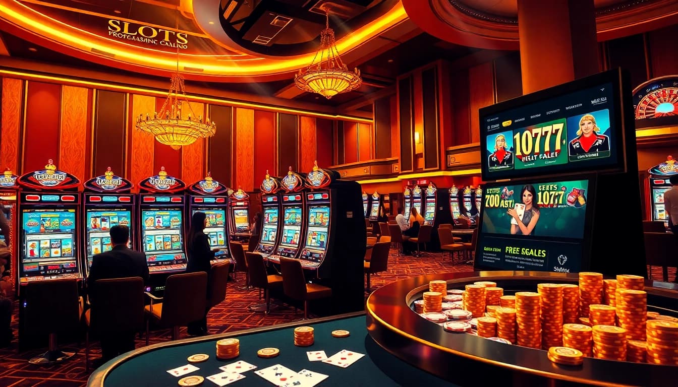 Experience the excitement of slots777 with players engaging in thrilling slot games in a luxurious casino setting.