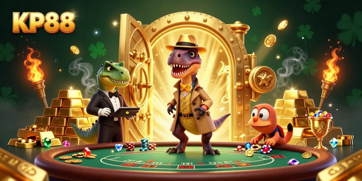 Engaging KP88 illustration with a velociraptor at a blackjack table, showcasing exclusive gambling action.