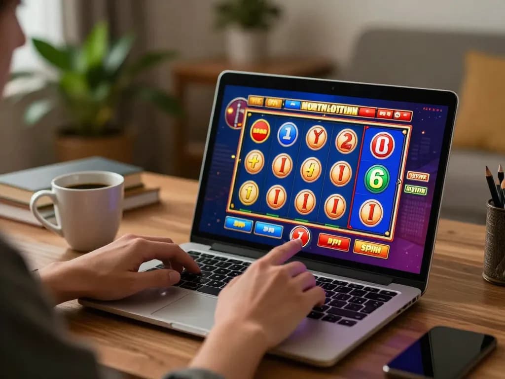 MM88 player enjoying an online slot game on a laptop in a warm home office