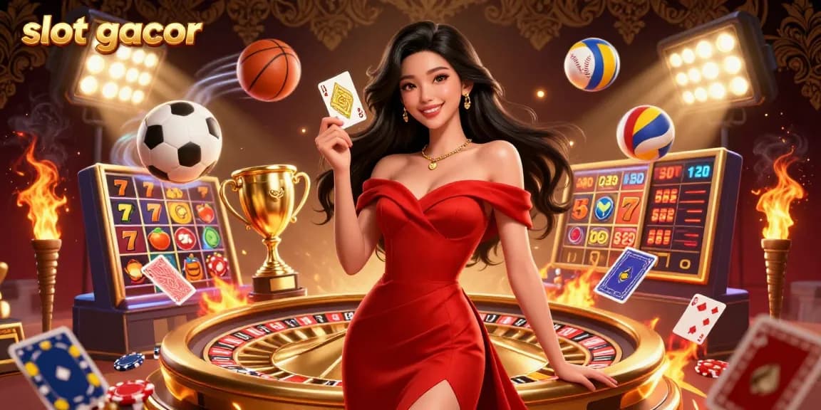 Experience the thrill of slot gacor with a stunning Asian woman holding a golden playing card by a roulette wheel.