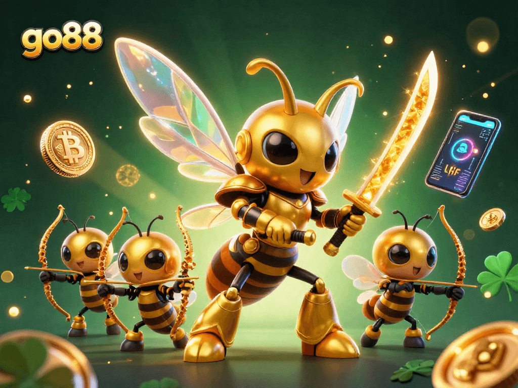 Experience go88's exciting world as the golden hornet leads an epic crypto casino adventure.
