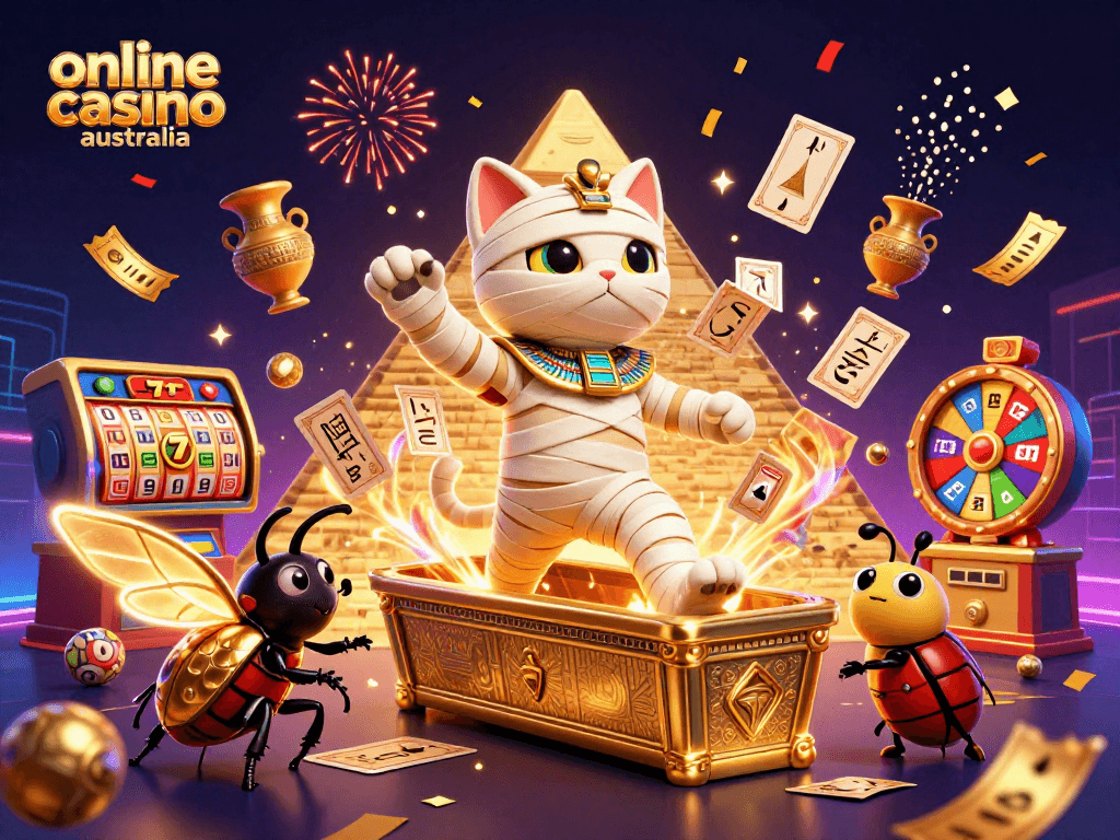 Experience vibrant slot games at online casino Australia with an attractive mummy cat character.