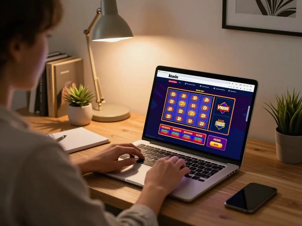 Playing kkwin online casino games on a laptop in a stylish home office setting.