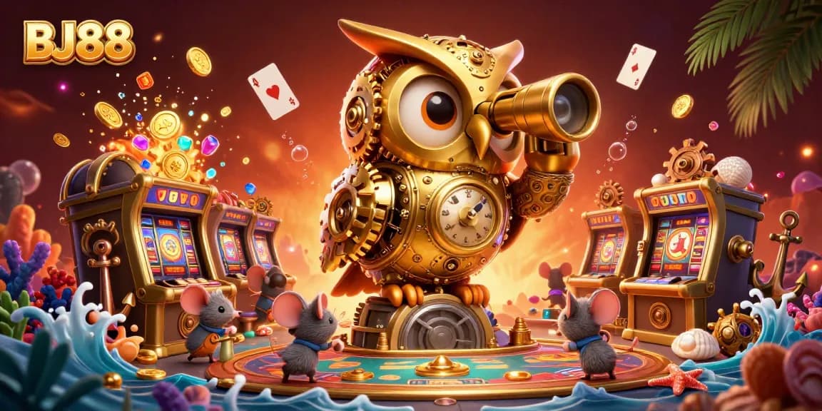 Experience thrilling gameplay at BJ88 with a clockwork owl overseeing vibrant casino action.