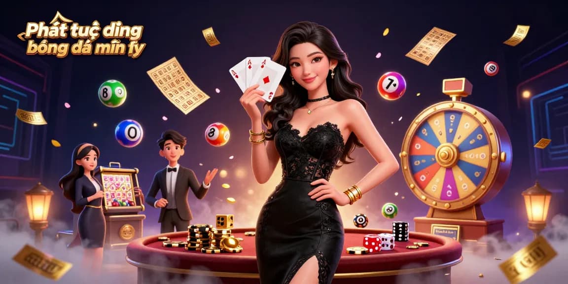 Experience Phát trực tiếp bóng đá miễn phí with a glamorous Asian woman showcasing poker skills in a vibrant casino.