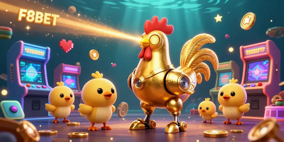 F8BET enhances your betting experience with vibrant 3D visuals, featuring a golden rooster robot amidst casino-themed elements.