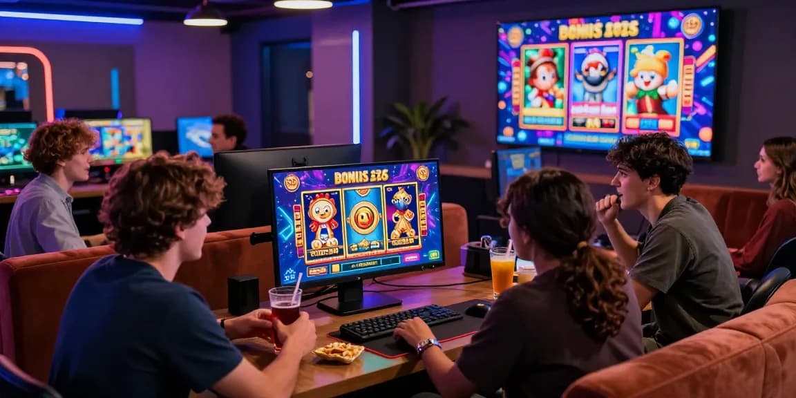 Players engaged in an exciting online casino session, exploring buy feature slots on vibrant displays in a cozy gaming atmosphere.