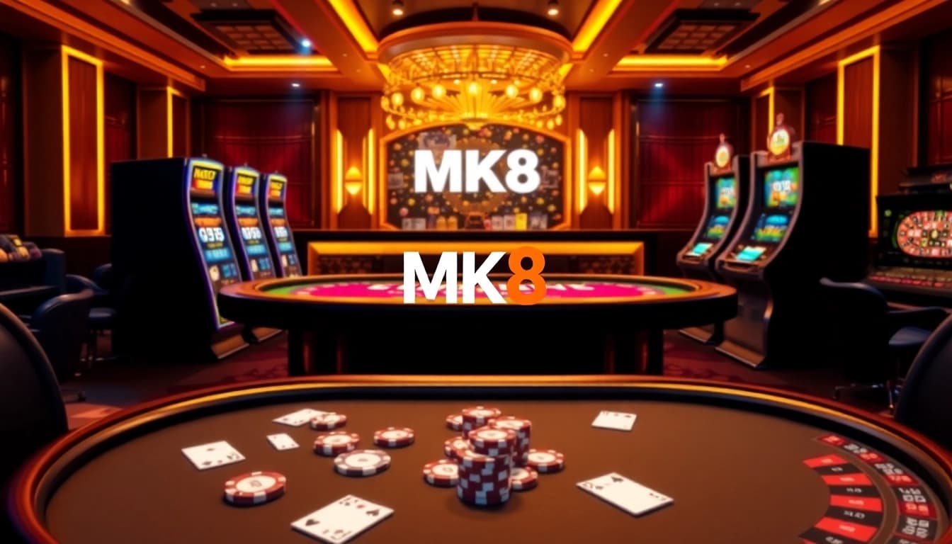 Engaging MK8 online casino scene with poker chips, slots, and roulette wheel, showcasing excitement.