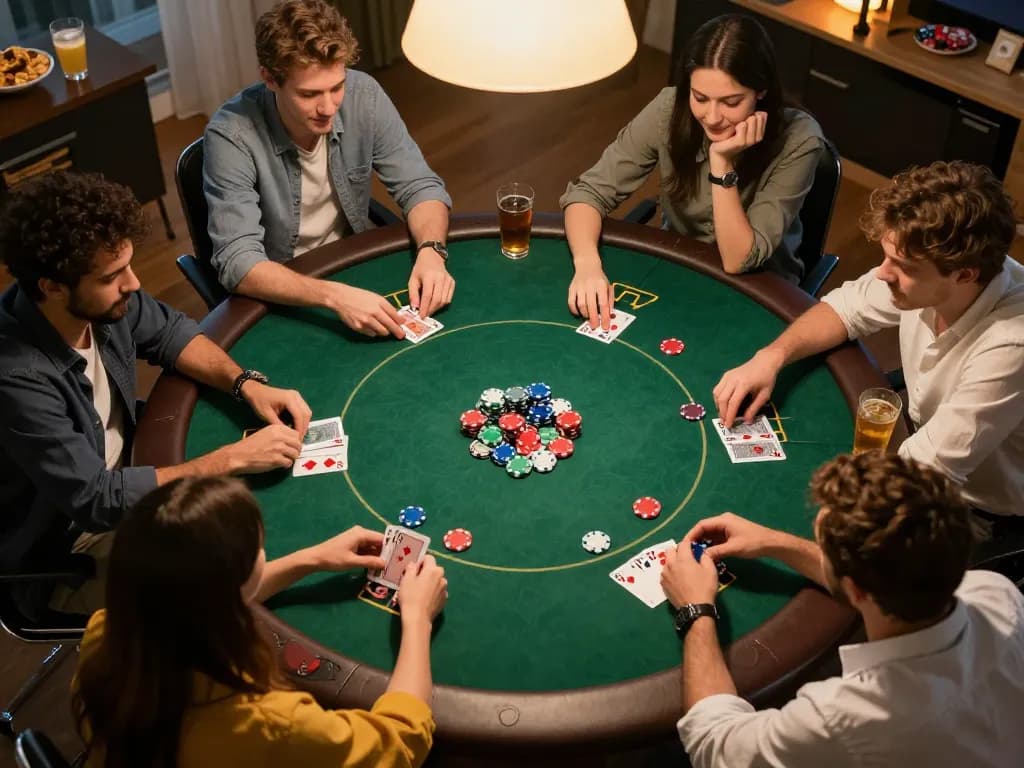 Friends enjoying a poker game at home while discussing strategies for AZTEC888.