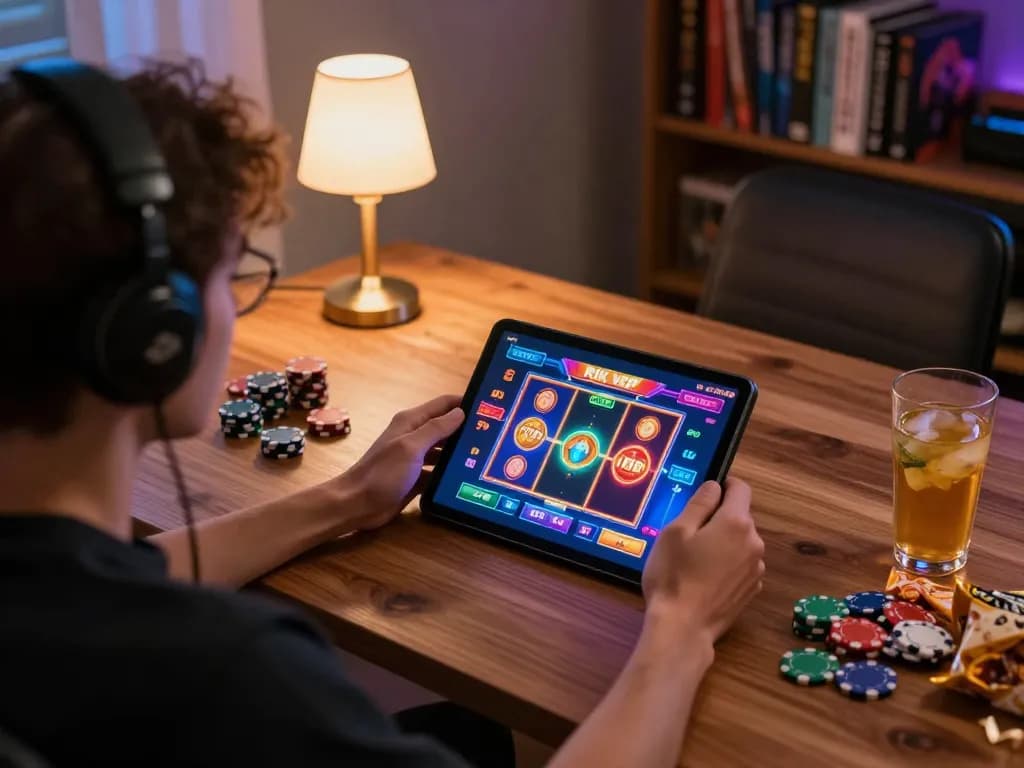 Engaging in rich gameplay on the rik vip casino app, showcasing vibrant slot interface and cozy home setting.