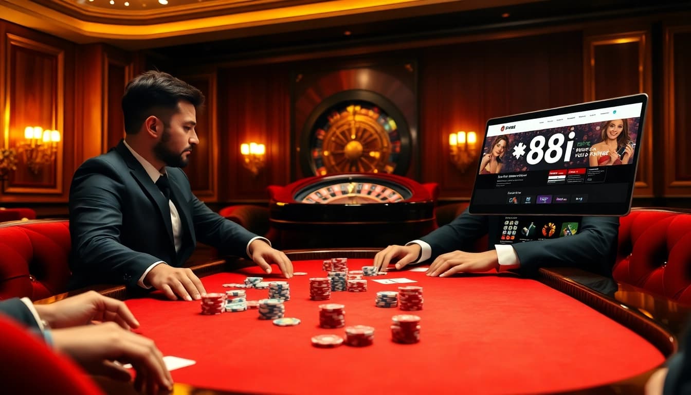 High-stakes poker game at an elegant casino featuring 88i branding and modern online gambling elements.