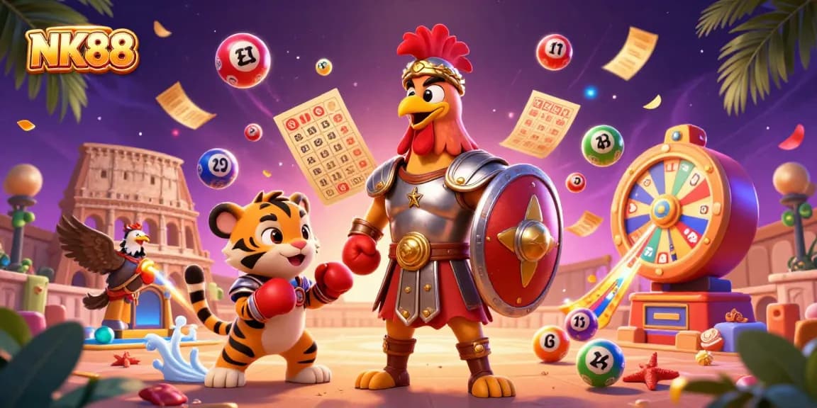 Experience thrilling gameplay at NK88 with vibrant lottery elements and dynamic characters in this engaging casino illustration.