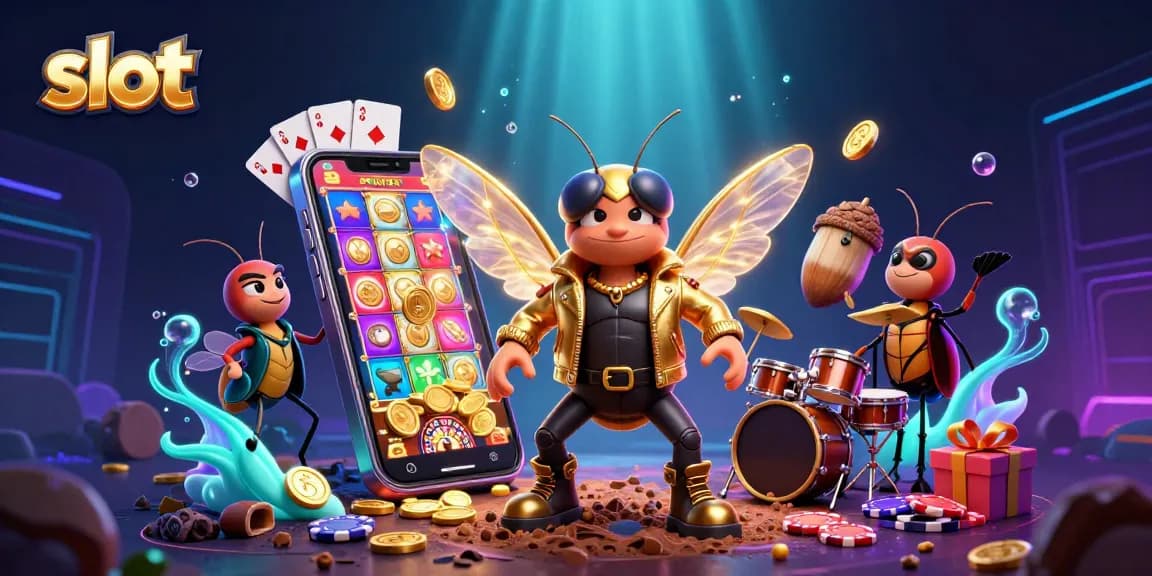 Spin vibrant slot games with a 3D rock star emerging amid golden coins and colorful reels.