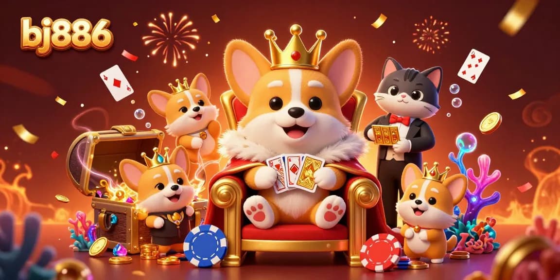 Experience the excitement of bj886 with a majestic corgi in a casino scene surrounded by vibrant treasures and playing cards.