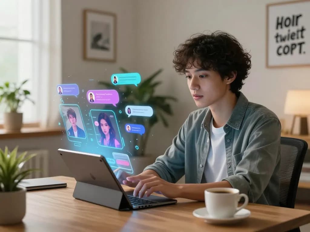 Engaging scene of a user exploring a sex chat AI platform in a cozy home office, showcasing customizable avatars.