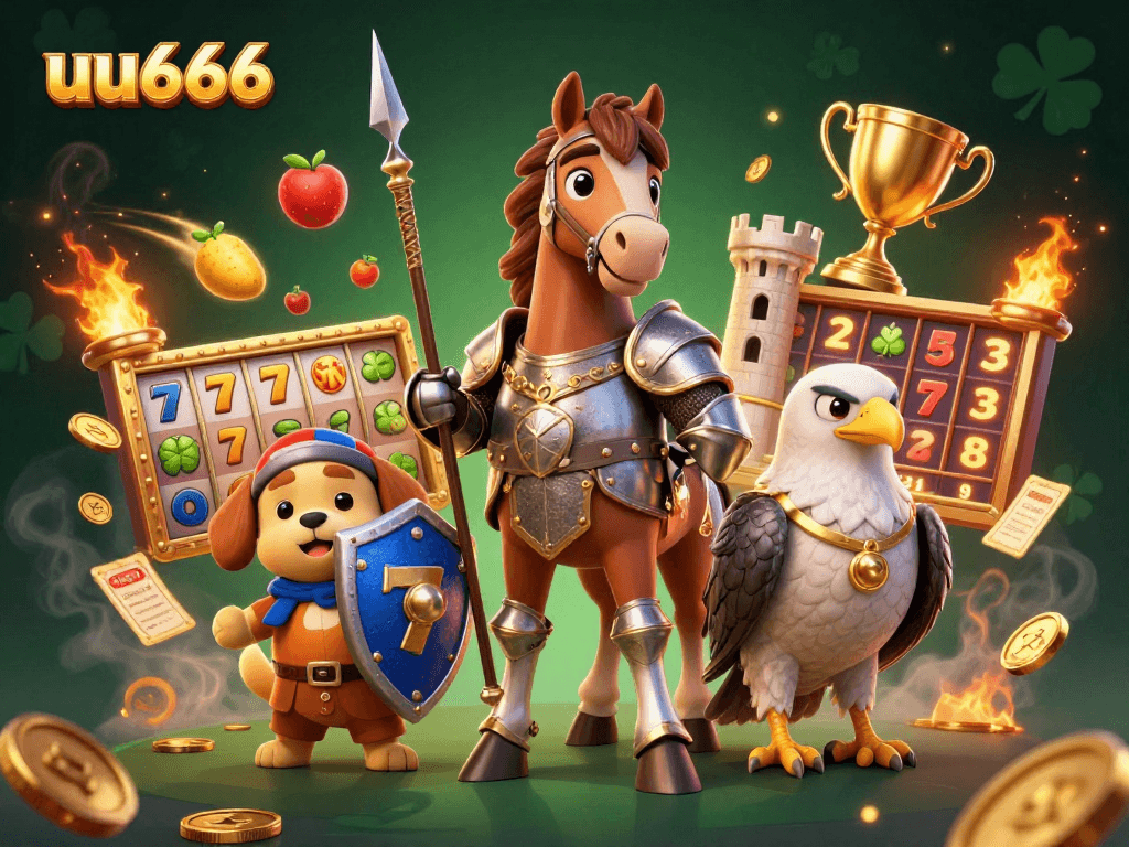 uu666 features a vibrant 3D casino scene with knights, slot reels, and dynamic sports elements.