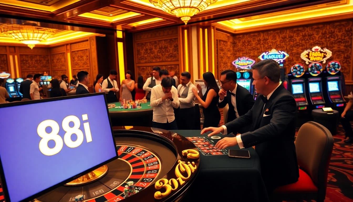 Players enjoying high-stakes gaming at a luxurious casino table with the 88i logo.
