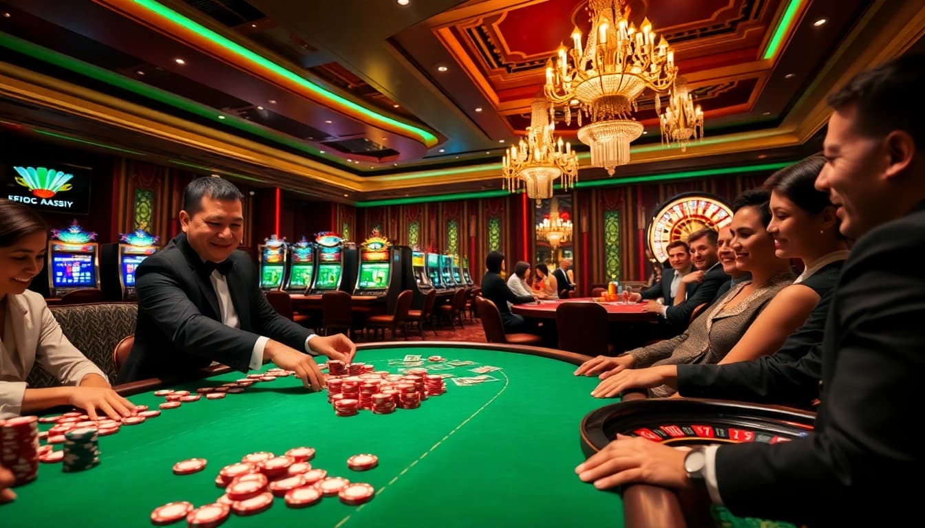 Engaged players enjoy the vibrant atmosphere of gambling at https://xocdia24h.com/ with poker chips and roulette.