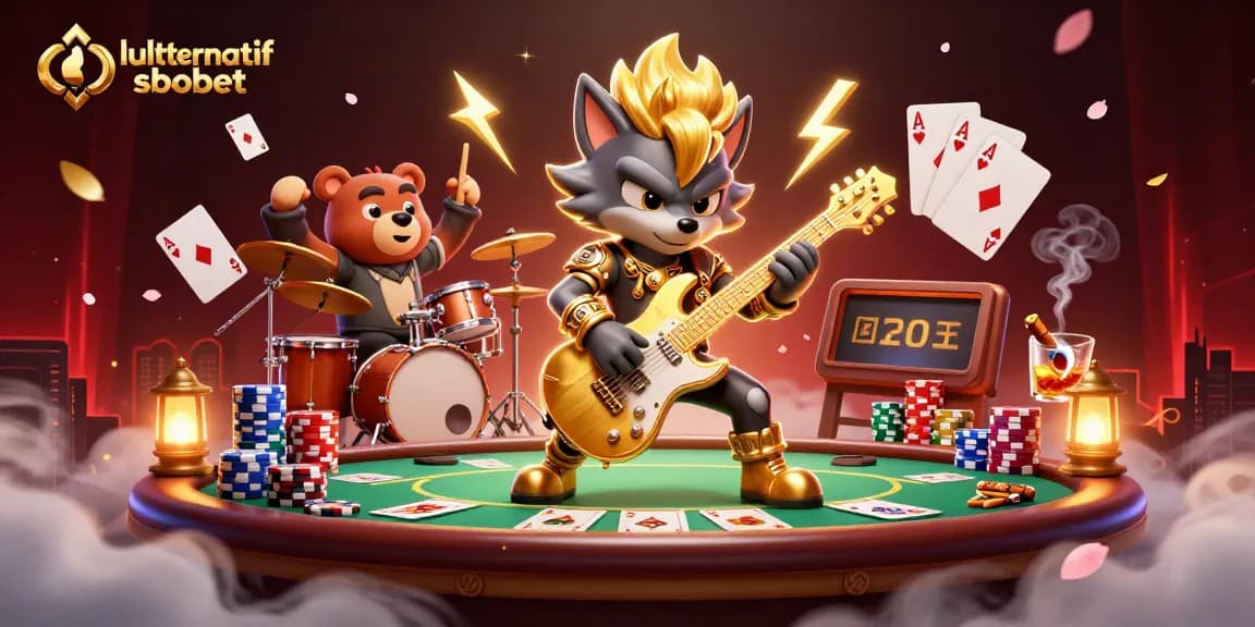 Experience the excitement of link alternatif sbobet with this dynamic casino scene featuring a rock star wolf and drummer bear.