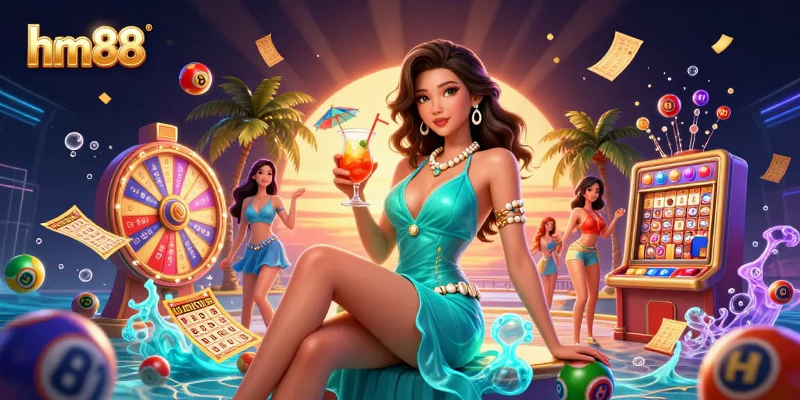 Engage with the thrill of casino games at hm88, featuring vibrant lottery balls and a glamourous setting.