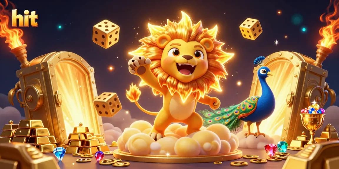 Hit the jackpot with vibrant 3D graphic of a sun lion amidst gold rewards and casino elements.