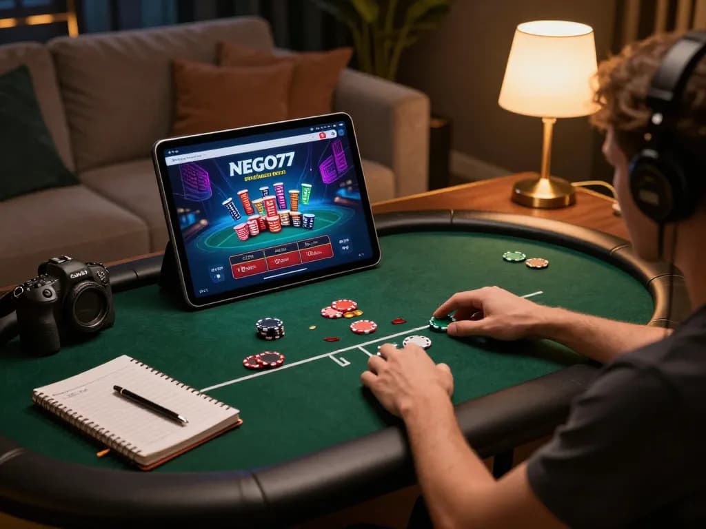 Play poker online with NEGO77 interface displayed on tablet, showcasing strategic gameplay in a cozy setting.
