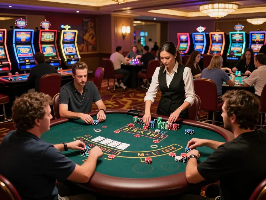 Engaged players strategizing at a blackjack table in an upscale casino setting showcasing mm88 com.