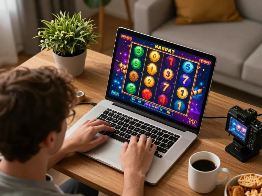 Situs slot gameplay on a laptop at home, colorful reels visible and inviting atmosphere.