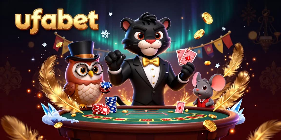 Experience thrilling action with ufabet as the panther deals cards, surrounded by casino elements and lucky charm characters.