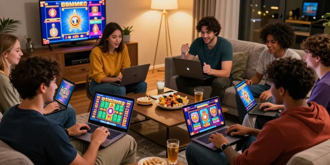 Excited players enjoying bonus buy slots at crownnorthill.co.uk while discussing strategies in a lively home setting.