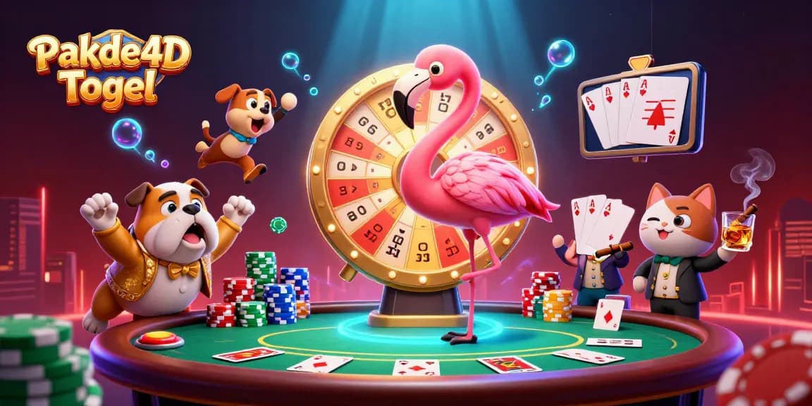 Engage with Pakde4D Togel in this vibrant scene featuring a flamingo game show host and dynamic gambling elements.
