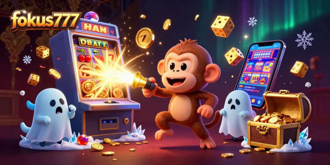 Experience the magic of fokus777 in a vibrant haunted casino with a mischievous monkey and a puppy tracking golden treasures.