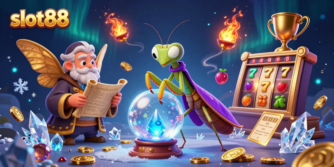 Permainan slot88 mendebarkan dengan karakter keberuntungan seperti belalang sembah di bola kristal.