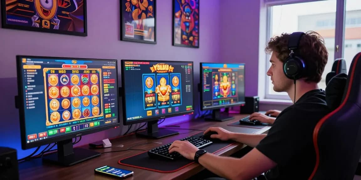 Pajaktoto rtp gameplay scene with player engaged at multi-monitor setup.
