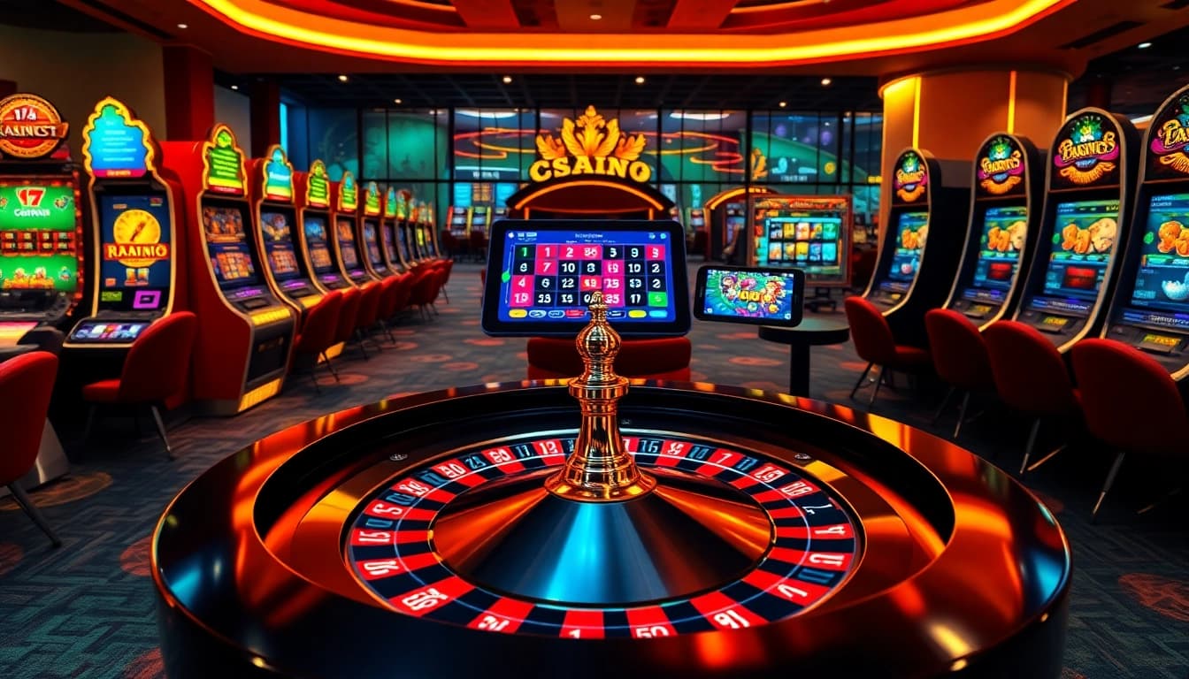 Experience dynamic gaming at cassino pix with advanced technology, vibrant slot machines, and a roulette table.