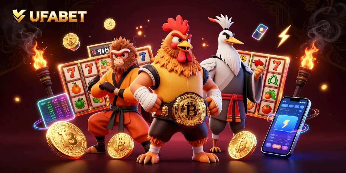Experience thrilling slots at UFABET with vibrant 3D illustrations of Muay Thai rooster and martial artists amidst dynamic game elements.
