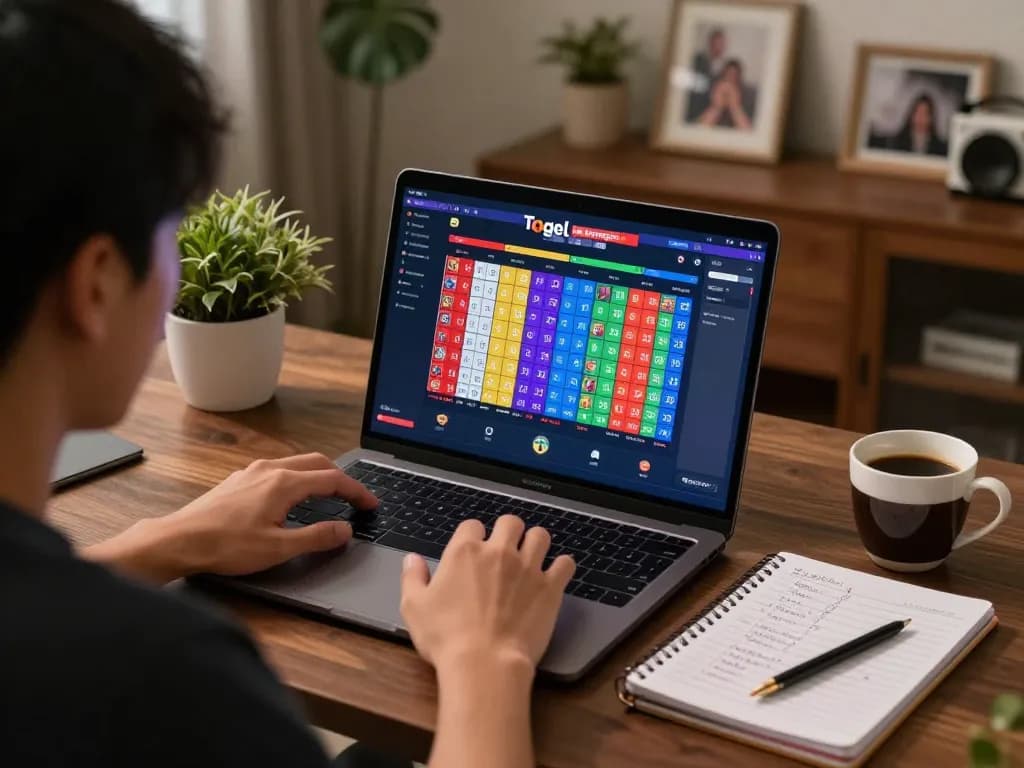 Engaging in Togel online gaming at home, showcasing strategy notes and vibrant digital interface