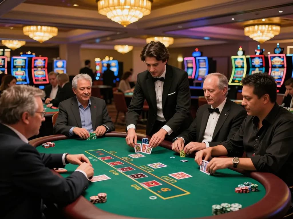 Players engaging in dynamic Chatgpt caricature blackjack strategies at an upscale casino table.
