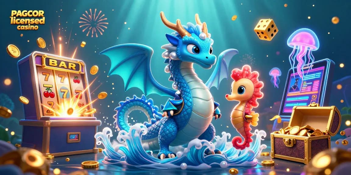 PAGCOR licensed casino illustration with a majestic water dragon and a seahorse knight surrounded by casino elements.