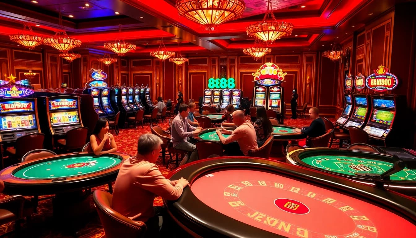 Exciting gameplay at new888 casino with elegant tables and vibrant slot machines.