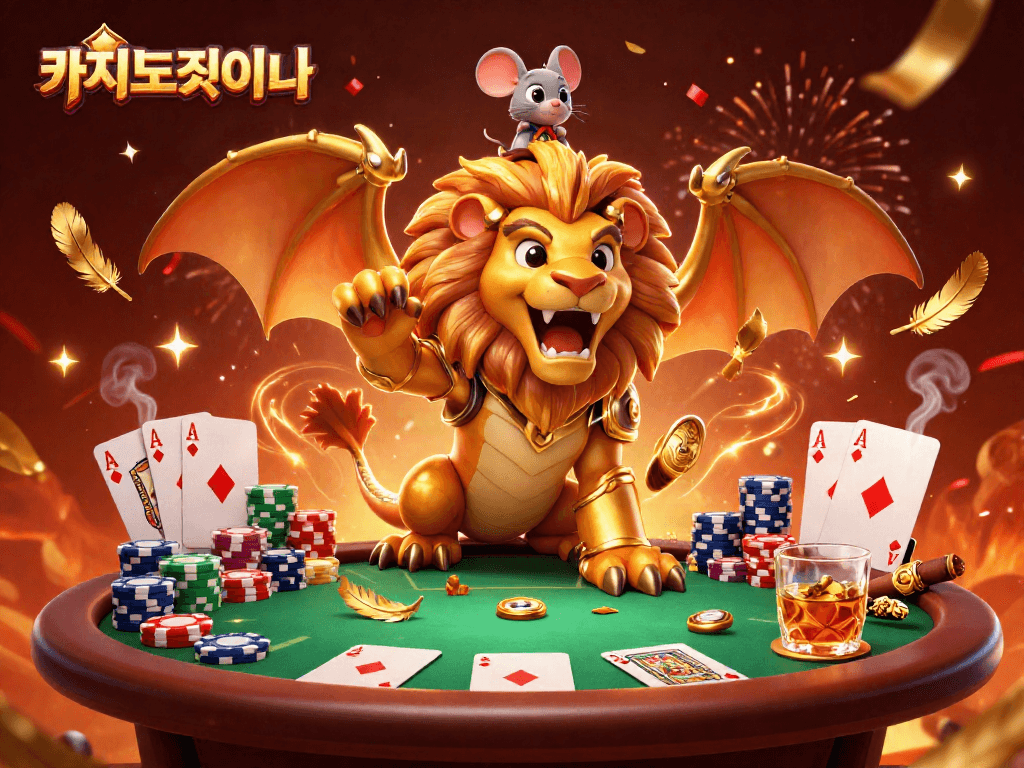 카지노사이트에서 포커 테이블과 황금 갑옷을 입은 신화적 생물이 있는 장면