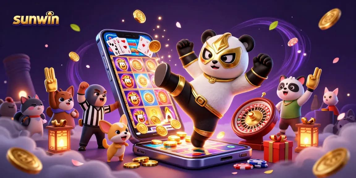 Engage with sunwin in this vibrant 3D casino scene filled with excitement, animated characters, and slot game elements.
